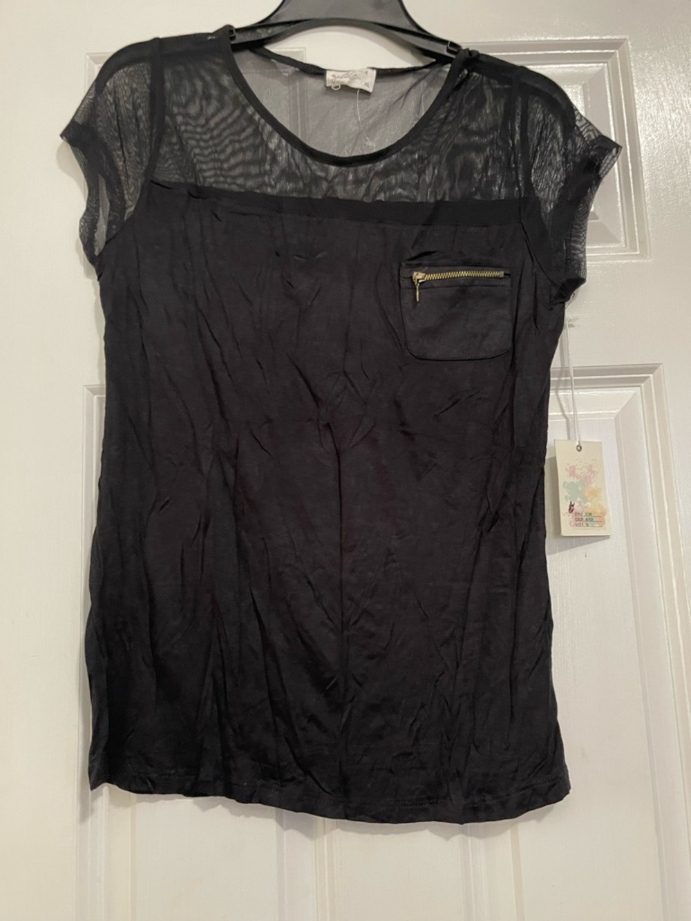 Glitz Black Short-Sleeve Top with Sheer Yoke and Zip Pocket
